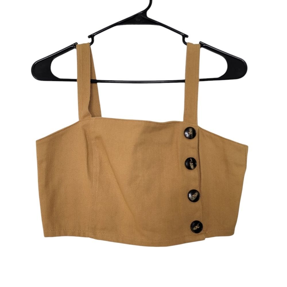 ME to We Small Button Front Corded Texture Corduroy Camel Sleevless Crop Top